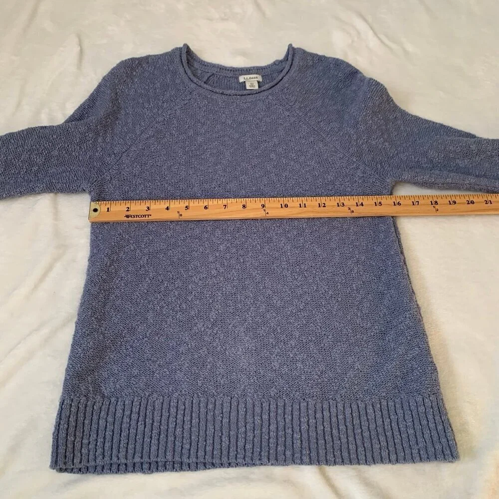 L.L.Bean Textured Bouclé Knit Sweater Women XS Petite Blue Raglan Sleeve‎ Cotton